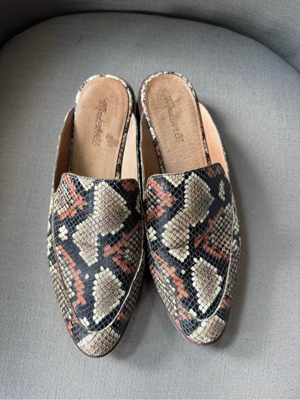 Madewell Snake-Print Slip-On Mules in Black, Tan & Rust